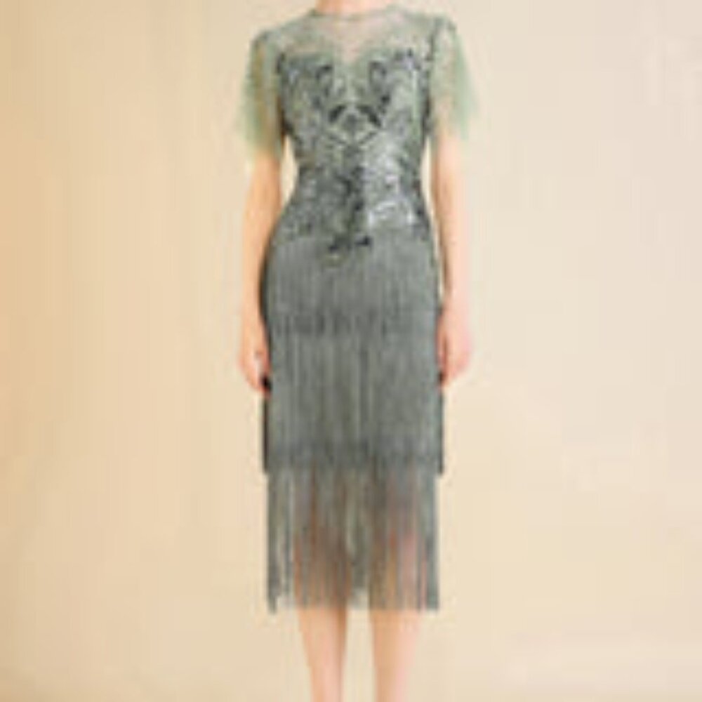 NWT: BABEYOND Exquisite Floral Fringe Flapper Dress in Dusty Green, Size 8